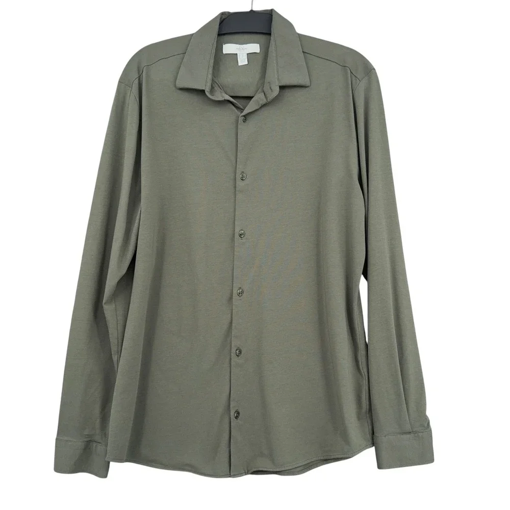 River Island Button Down Men L Viscose Blend Olive Green Long Sleeve Shirt